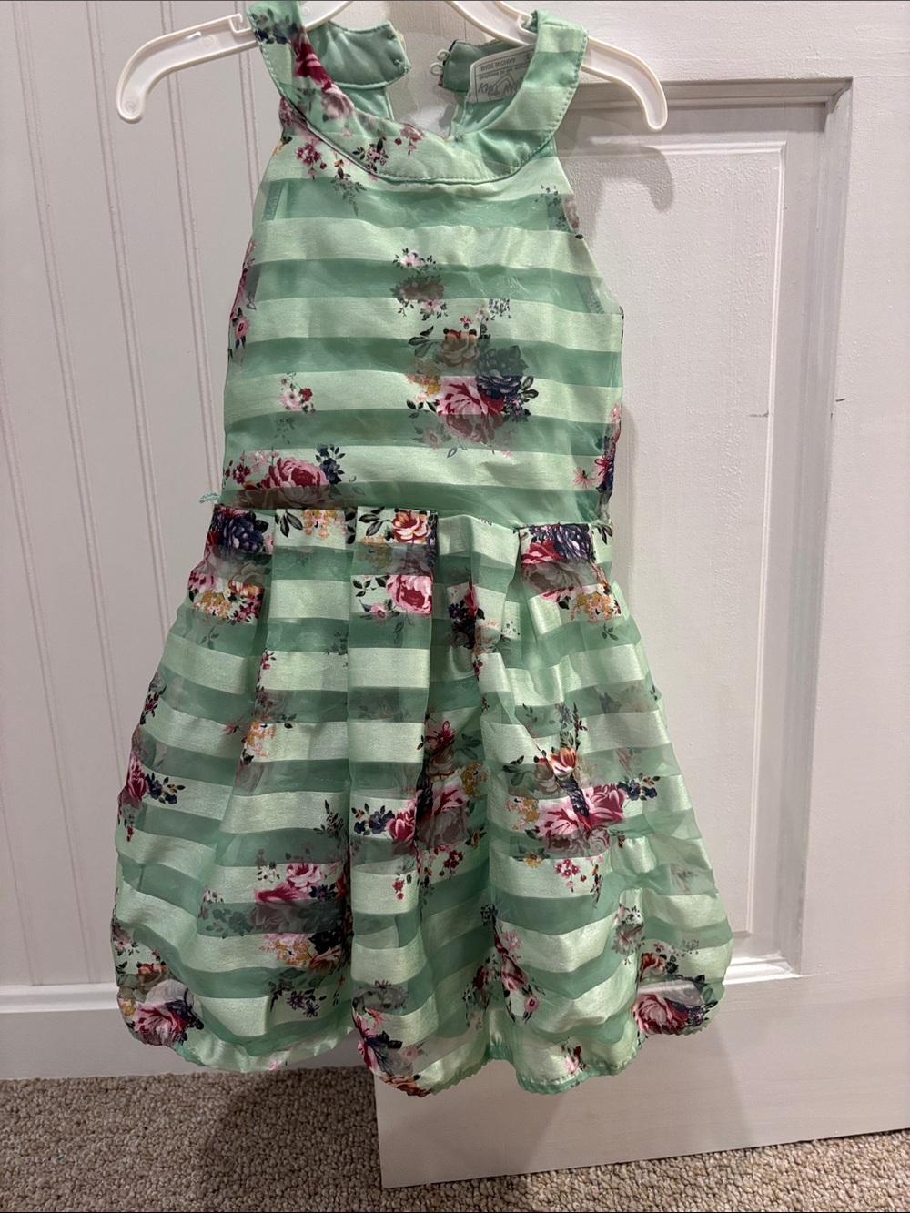 Girls Mint Green Floral Stripe Party Skirted Dress